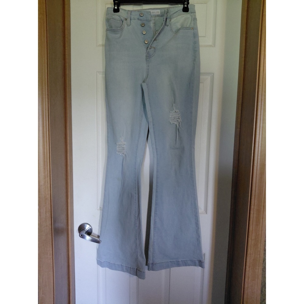 YMI High Rise Flare Jeans Womens 3 Light Wash Distressed Button Fly Boho Denim